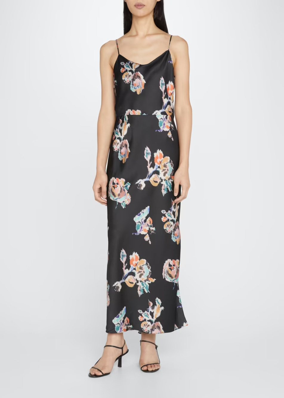Vince Cowl-neck Draped Floral Motif Print Satin Maxi Dress Sz 8